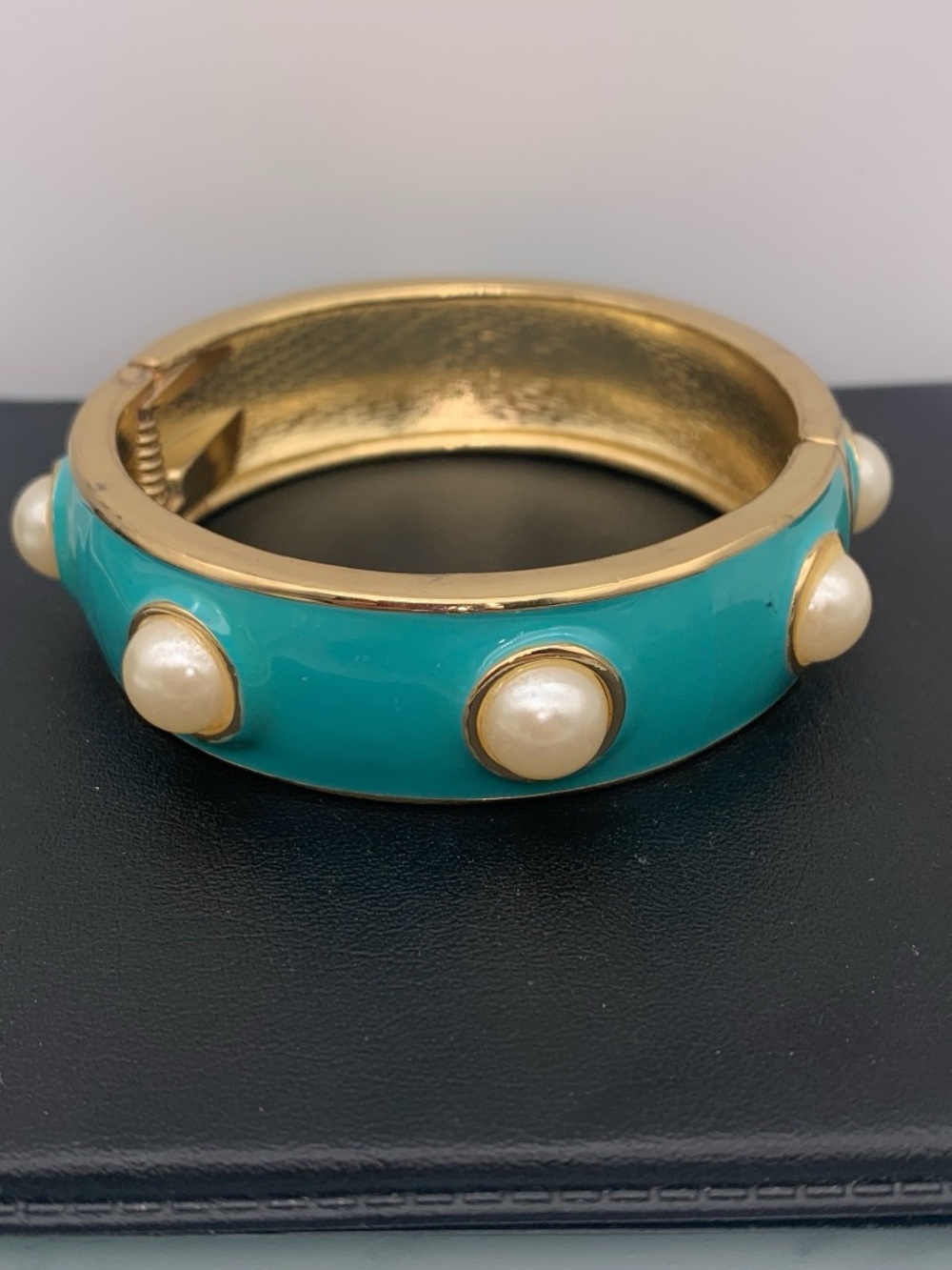 Turquoise Enamel Gold-Tone Pearl-Accent Hinged Bangle
